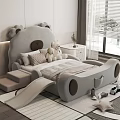 Kids Room Interior With Bear Shaped Bed Slide Steps And Stuffed Toys On Soft Rug