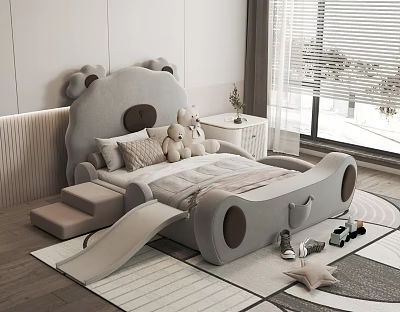 Kids Room Interior With Bear Shaped Bed Slide Steps And Stuffed Toys On Soft Rug 3d model