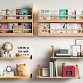 Wooden Bookshelves with Books Lion Bear Stuffed Toys Clock Red Box and Decorations