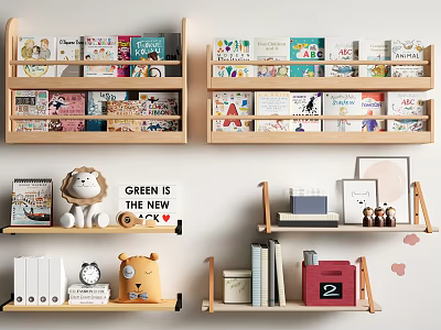 Wooden Bookshelves with Books Lion Bear Stuffed Toys Clock Red Box and Decorations 3d model