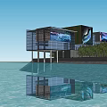 Modern Commercial Complex With Glass Curtain Walls Large Digital Screens And Water Reflections
