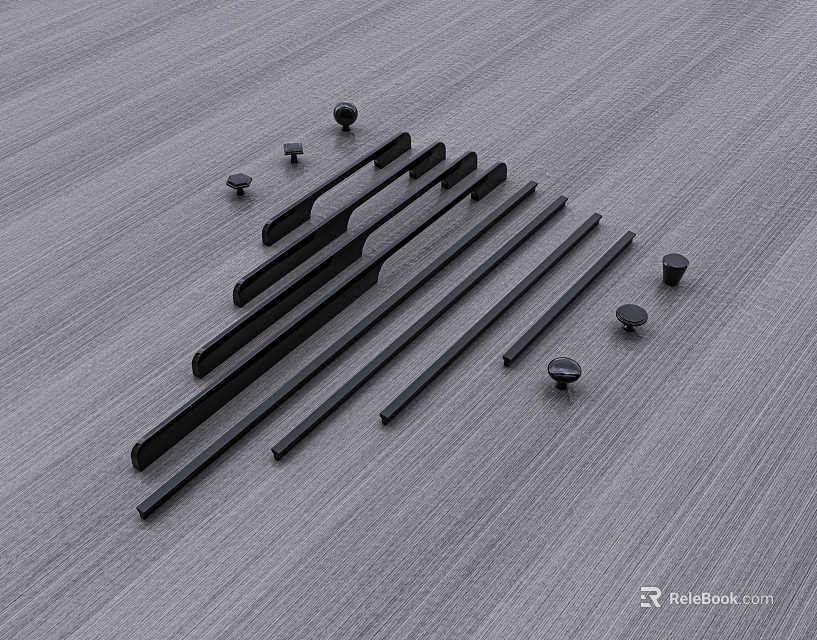 Long Black Metal Cabinet Handles With Small Mounting Screws On Gray Surface 3d model 
