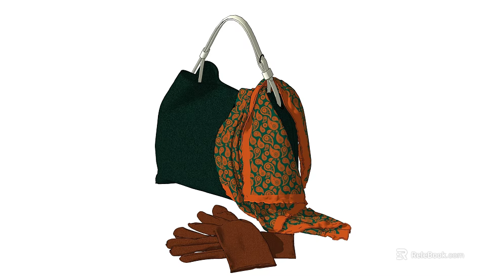 Green Handbag With White Handle Orange Green Pattern Scarf And Brown Gloves 3d model 