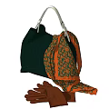 Green Handbag With White Handle Orange Green Pattern Scarf And Brown Gloves