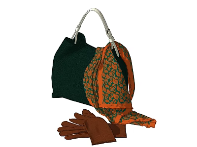 Green Handbag With White Handle Orange Green Pattern Scarf And Brown Gloves 3d model