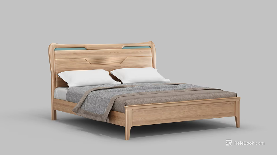 Wooden Double Bed With Modern Headboard Design White Pillows And Gray Blanket 3d model 