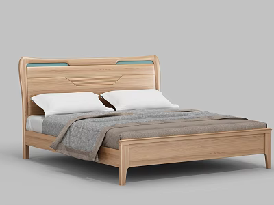 Wooden Double Bed With Modern Headboard Design White Pillows And Gray Blanket 3d model