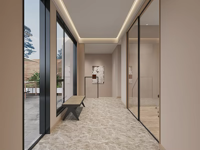 Modern Elevator Hallway With Marble Flooring Glass Doors Bench And Wall Art 3d model