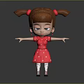 Animated 3D Game Movie Character With Brown Pigtails Red Polka Dot Dress Open Arms Pose