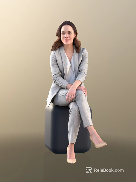 Elegant Woman in Gray Suit Set Sitting on Black Cube with Light Brown Background 3d model 