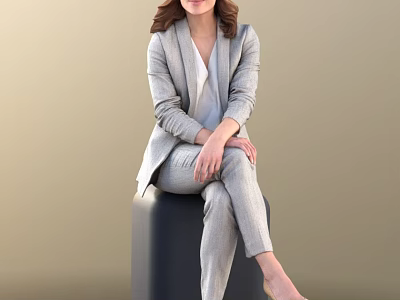 Elegant Woman in Gray Suit Set Sitting on Black Cube with Light Brown Background 3d model