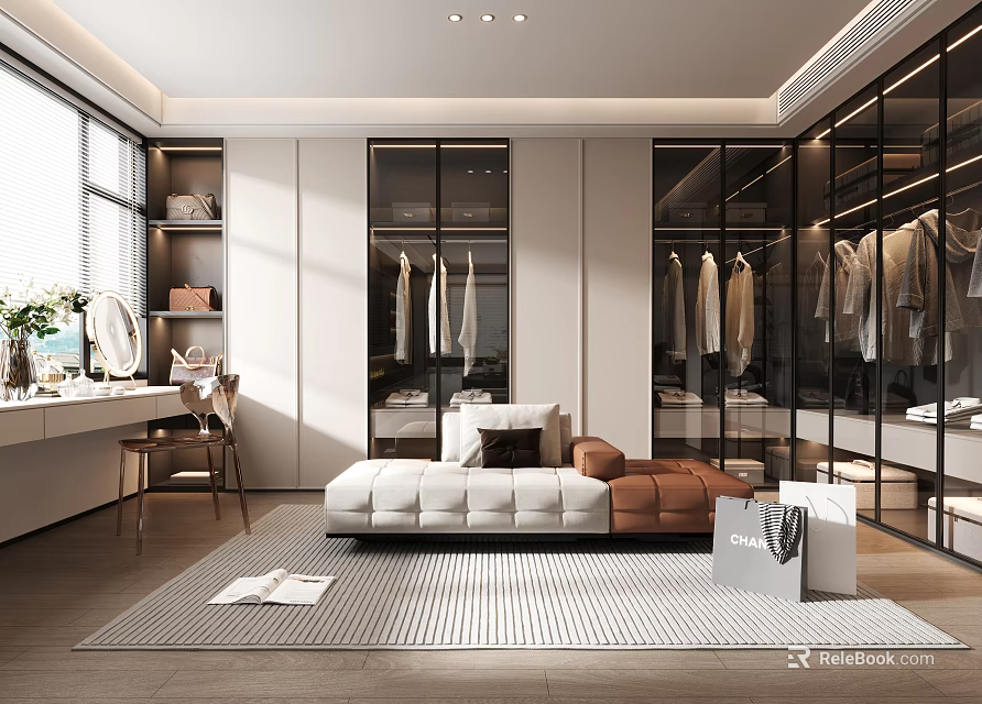 Modern Walk In Closet With Glass Wardrobes Sofa And Dressing Table 3d model 