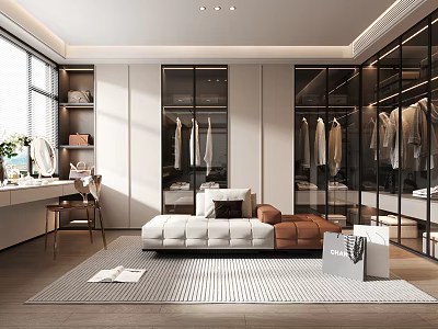 Modern Walk In Closet With Glass Wardrobes Sofa And Dressing Table 3d model