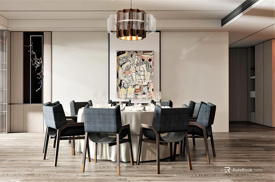 Elegant Restaurant Dining Space with Round Table Gray Chairs Chandelier and Decorative Wall Art 3d model 