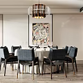 Elegant Restaurant Dining Space with Round Table Gray Chairs Chandelier and Decorative Wall Art