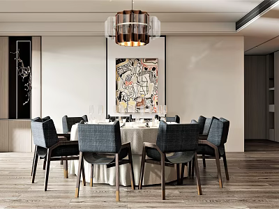 Elegant Restaurant Dining Space with Round Table Gray Chairs Chandelier and Decorative Wall Art 3d model