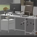 White Office Desk Setup with Computer Monitor Keyboard Mouse Drawer Cabinet Vase and Office Chair