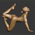 Golden Female Sculpture in Dynamic Pose with Metallic Finish on Dark Reflective Background