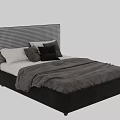 Double Bed With Checkerboard Pattern Headboard Black Mattress Brown Gray Pillows And Brown Comforter 3d model