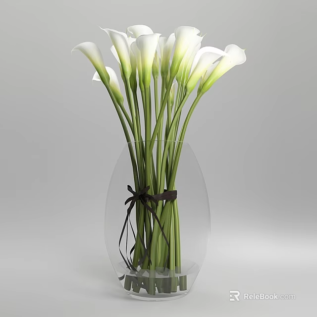 Transparent Glass Vase With White Calla Lilies And Black Ribbon Bow Decoration 3d model 