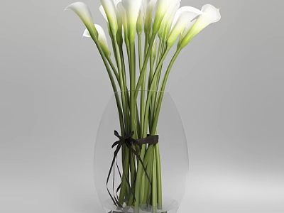 Transparent Glass Vase With White Calla Lilies And Black Ribbon Bow Decoration 3d model