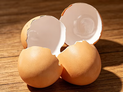 Fresh Brown Eggshells Cracked On Wooden Table With Natural Texture 3d model