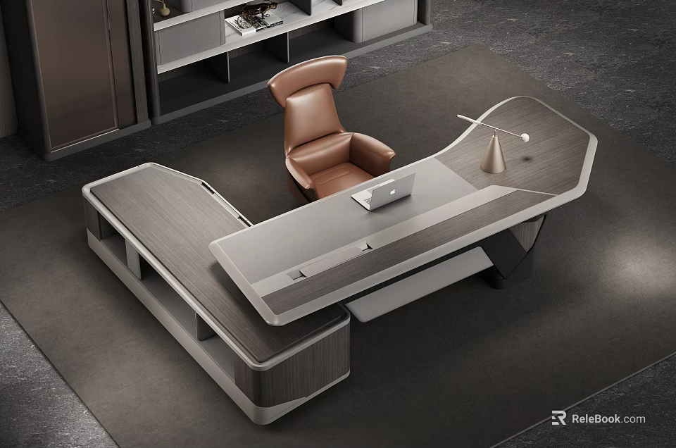 Modern L Shaped Office Desk With Gray Top Leather Chair And Laptop Lamp 3d model 