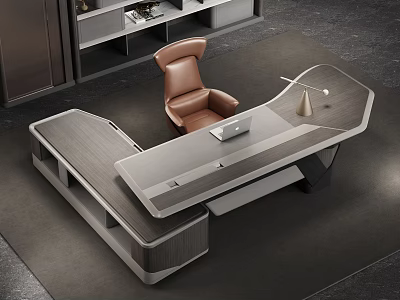 Modern L Shaped Office Desk With Gray Top Leather Chair And Laptop Lamp 3d model