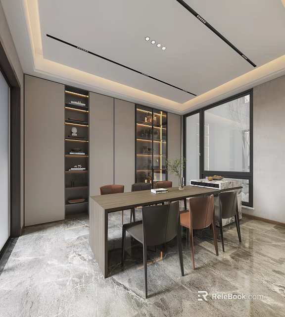 Modern Restaurant Interior Design With Dining Table Chairs Illuminated Display Cabinets And Windows 3d model