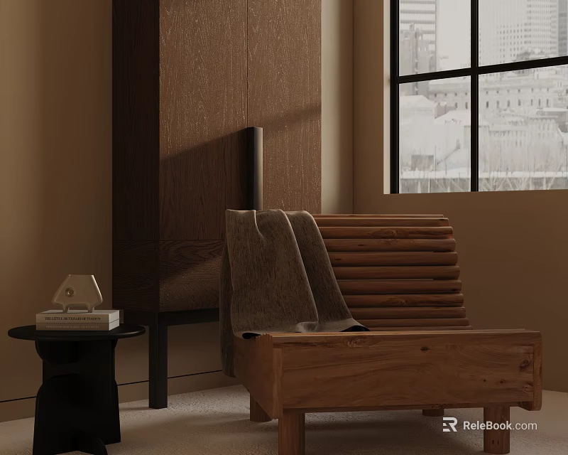 Wooden Slat Leisure Chair With Blanket And Side Table By Window City View 3d model 