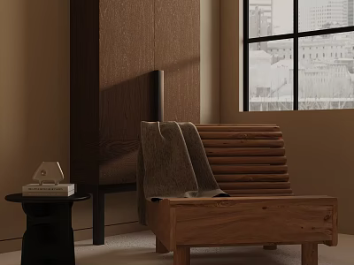 Wooden Slat Leisure Chair With Blanket And Side Table By Window City View 3d model