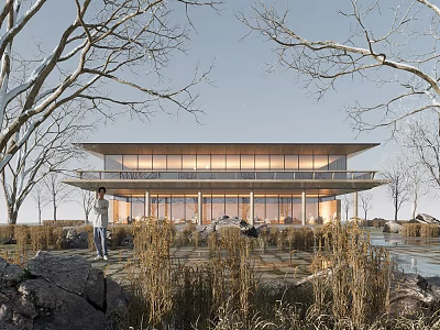 Modern Sales Office Building With Glass Curtain Walls Surrounded By Trees Grass And Stones 3d model