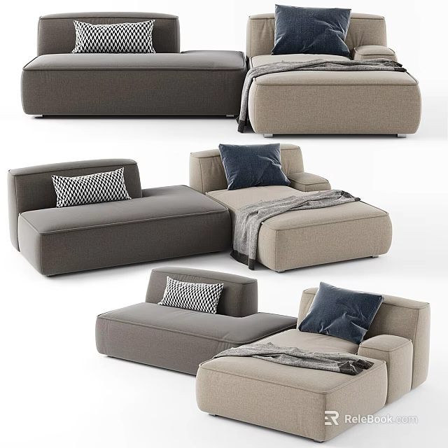 Modern Modular Sofa Styles In Gray And Beige With Decorative Cushions And Blankets 3d model 