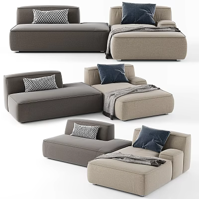 Modern Modular Sofa Styles In Gray And Beige With Decorative Cushions And Blankets 3d model