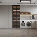 Modern Minimalist Laundry Room With Washing Machine Dryer Cabinets And Glass Shelves