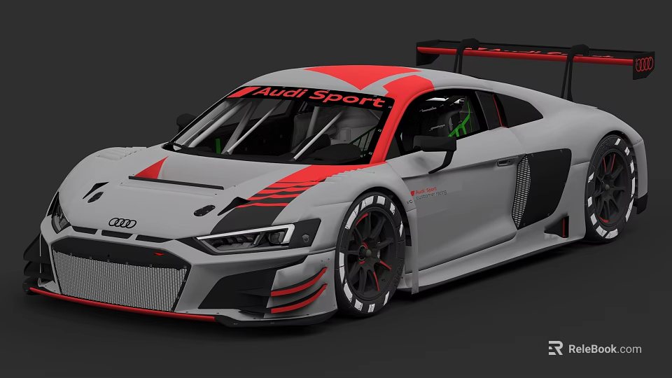 Audi Sport Silver Race Car With Red Stripes And Aerodynamic Rear Wing 3d model 