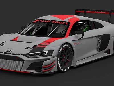 Audi Sport Silver Race Car With Red Stripes And Aerodynamic Rear Wing 3d model