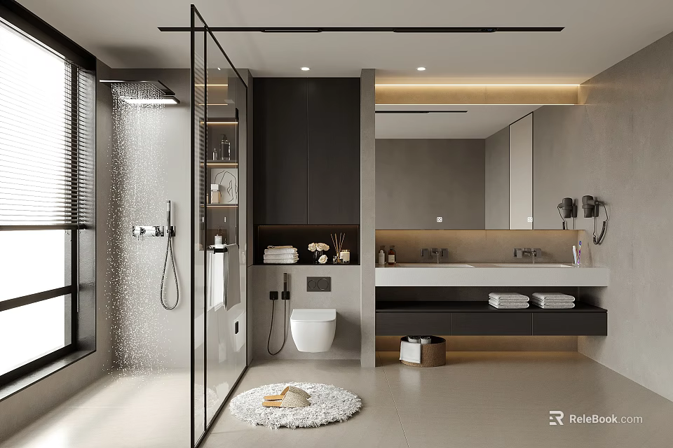 Modern Bathroom Interior Design With Glass Shower Partition Wall Mounted Toilet And Double Vanity 3d model 