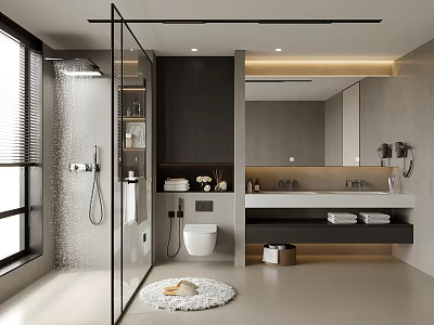 Modern Bathroom Interior Design With Glass Shower Partition Wall Mounted Toilet And Double Vanity 3d model
