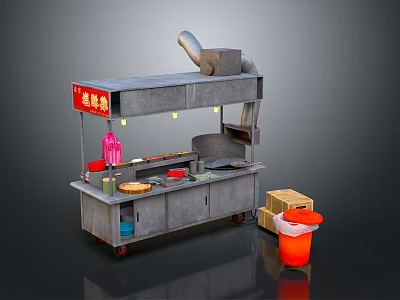 Mobile Malatang Street Food Cart With Cooking Equipment Ingredients And Red Signboard 3d model