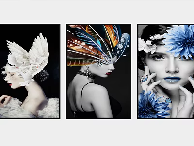 Portrait Paintings with White Feather Colorful Headdress and Blue Flower Decorations 3d model