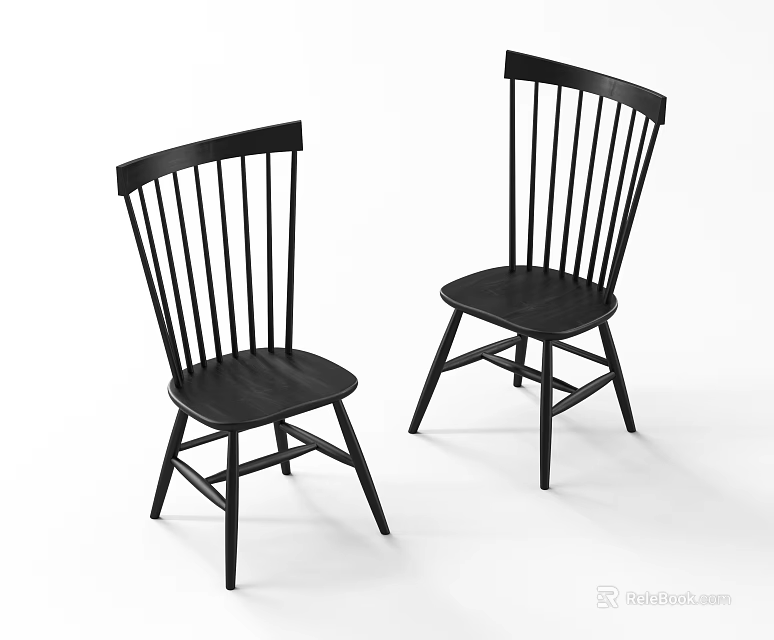 Two Black Wooden Leisure Chairs With Slatted Backrest Wooden Legs And Minimalist Design 3d model 