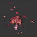 Pink and Red Roses Bouquet with Falling Petals and Green Leaves on Dark Background