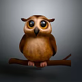Cute Brown Owl with Large Round Eyes Perched on Branch Against Gray Background