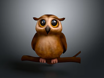 Cute Brown Owl with Large Round Eyes Perched on Branch Against Gray Background 3d model
