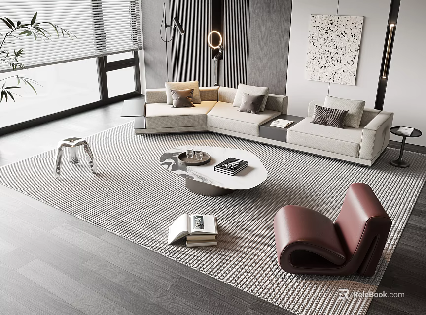 Modern Living Room Sofa And Coffee Table Set With Accent Chair And Area Rug 3d model 