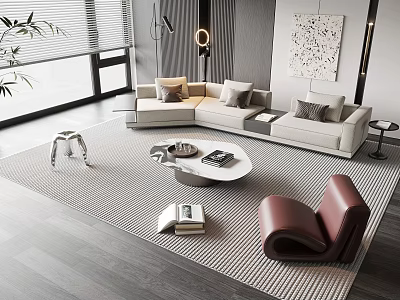 Modern Living Room Sofa And Coffee Table Set With Accent Chair And Area Rug 3d model