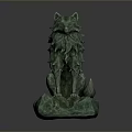 Artistic Green Wolf Sculpture With Intricate Mane Sitting On Textured Stone Base