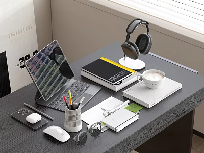 Elegant Modern Laptop Setup On Desk With Headphones Books And Coffee Mug 3d model