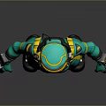 Detailed Green Spacesuit Character With Yellow Stripes Helmet Antenna Standing On Grey Background